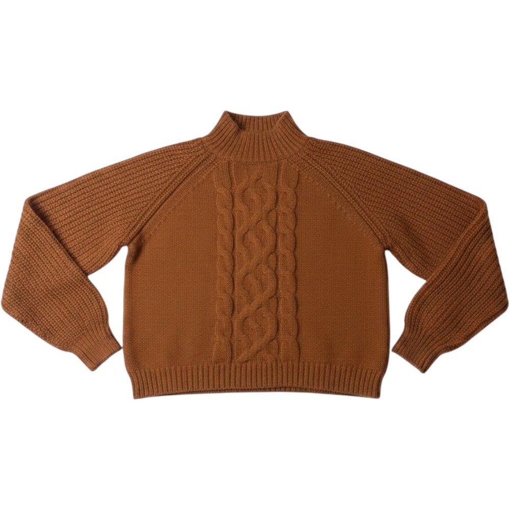 Blue Rain Cable Knit Sweater Women XS Orange Good Cropped Mock Neck Raglan